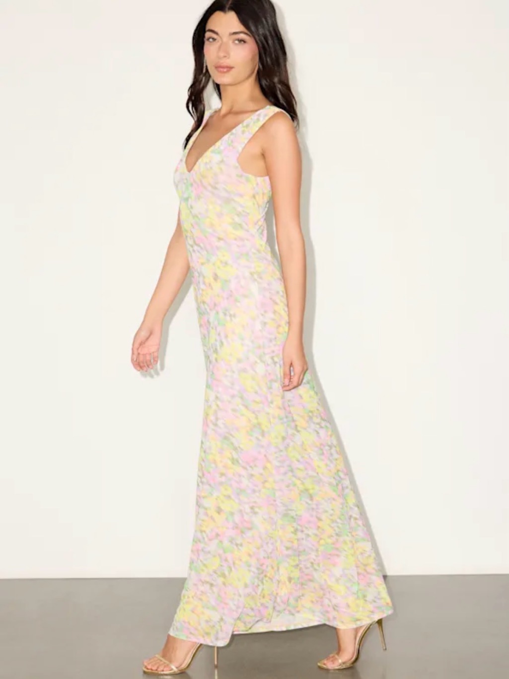 Sleeveless Pastel Floral V-Neck Maxi Dress - Pink/Yellow